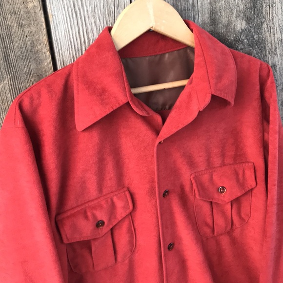 VTG 70s Handmade Velour Burnt Orange Casual Button Up Shirt - Picture 3 of 7